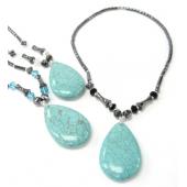 Assorted Color Semi-precious Stone with Big Turquoise Teardrop Pendant Hematite Necklace